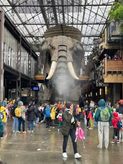 grand-elephant-nantes-voyage-scolaire-college-saint-francois Le Grand Eléphant articulé et en bois, structure phare des Machines de l'Ile à Nantes, pulvérise de la brume depuis sa trompe devant une foule captivée d'élèves du collège Saint-François, dans un grand hall industriel.